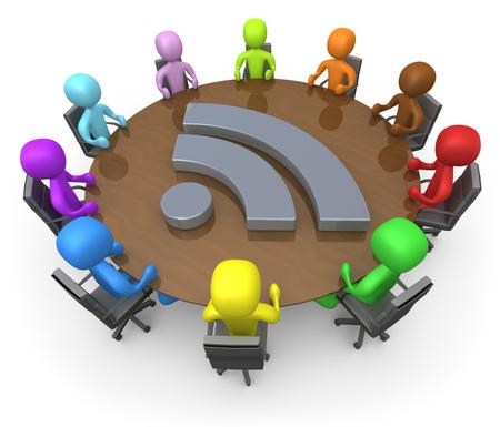 Royalty-free 3d business clipart picture of a diverse group of business people of different colors including blue, purple, light blue, green, orange, brown, yellow and red, seated at a round conference table during a business meeting in an office.